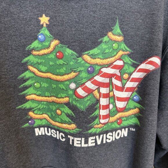 MTV Christmas Hoodie XL Port & Company Charcoal Gray Sweatshirt 90s Vtg Unisex - Picture 2 of 9
